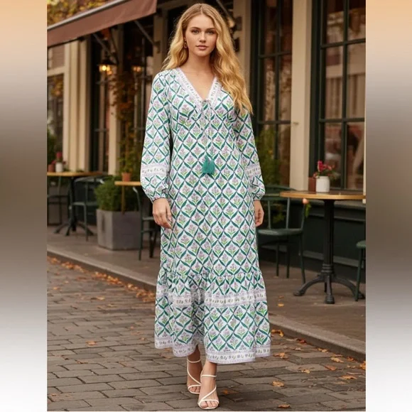 Sunny Spirit Maxi Boho Floral Print V Neck Flowy Tassel with Long Puff Sleeves. - Picture 15 of 16